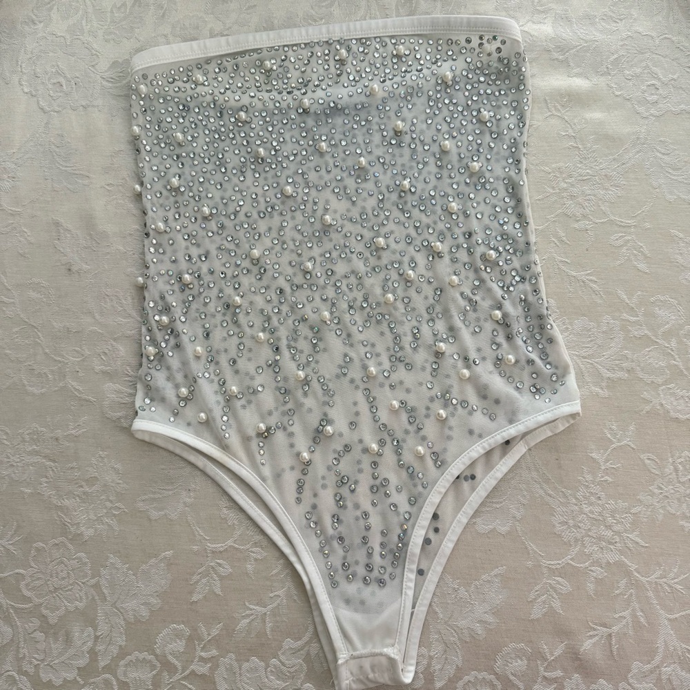 Embellished Pearl and Rhinestone Sparkly White Bodysuit - Picture 2 of 7